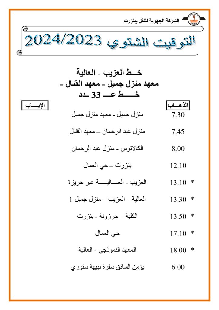 توقيت الحافلات: خط العزيب - العالية معهد منزل جميل - معهد القنال - خط عدد 33