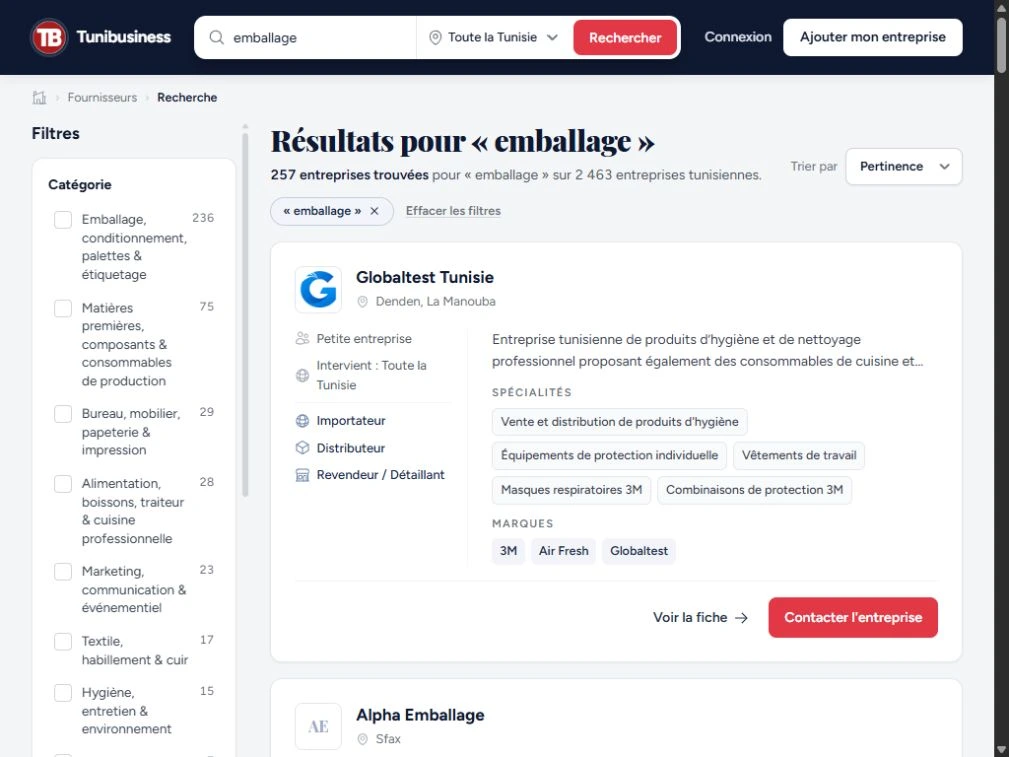 Entreprises et filtres de recherche Tunibusiness sur tablette.