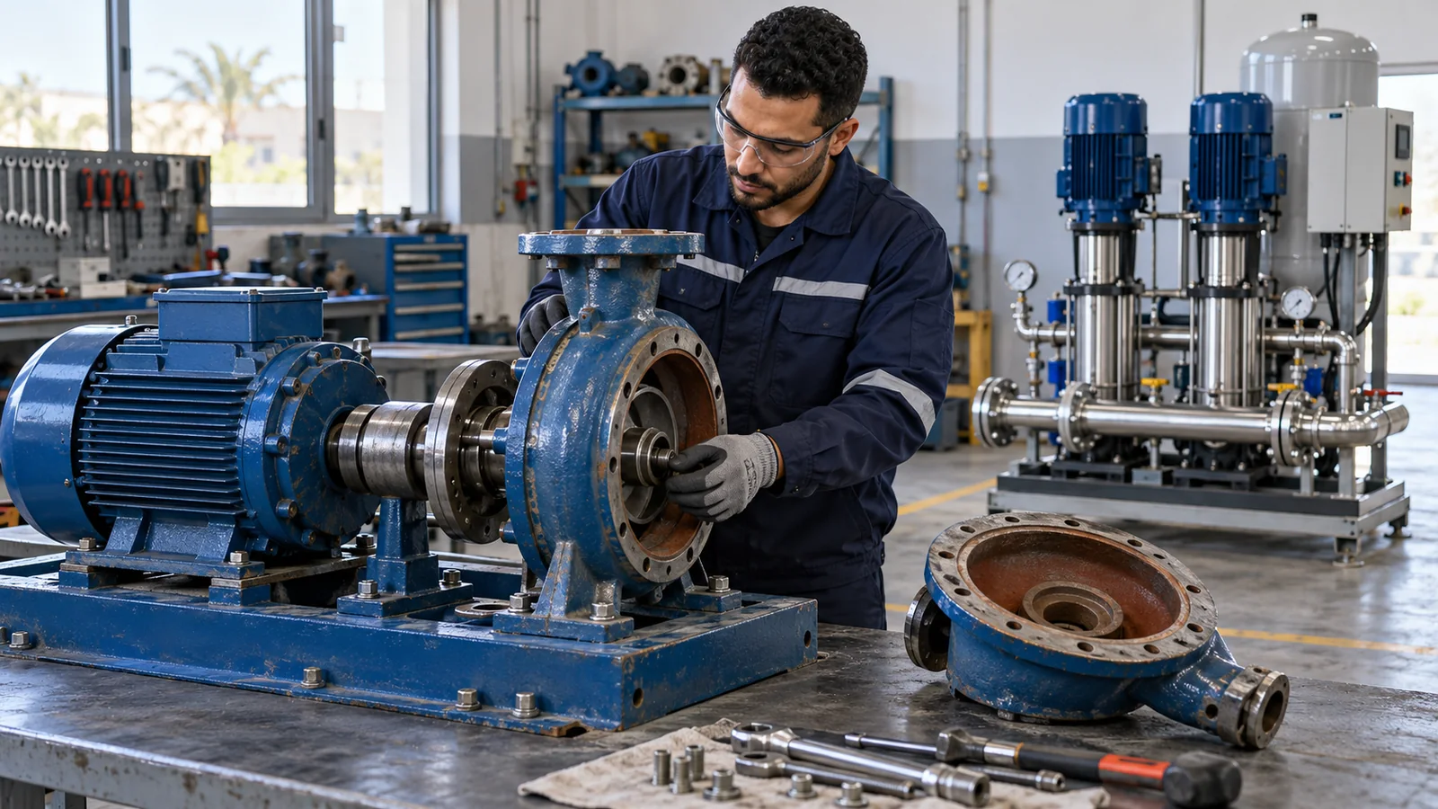 Technicien auprès d’une pompe centrifuge et d’un groupe de surpression en atelier