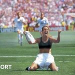 Brandi Chastain celebrates after scoring the winning penalty kick against China