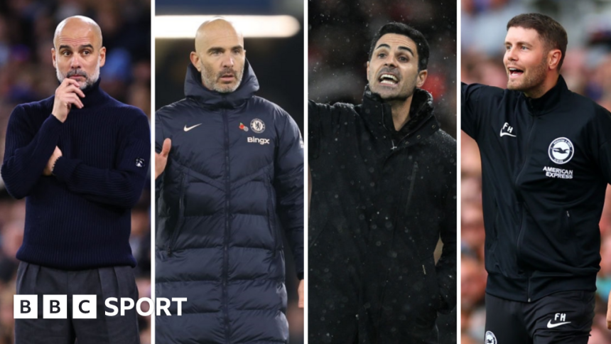 Split picture of Manchester City boss Pep Guardiola, Chelsea manager Enzo Maresca, Arsenal boss Mikel Arteta and Brighton manager Fabian Hurzeler