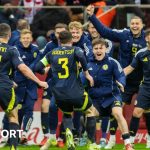 Scotland players celebrate Monday's dramatic win over Poland