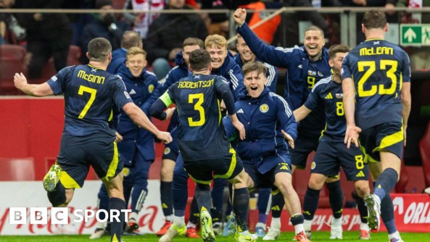 Scotland players celebrate Monday's dramatic win over Poland